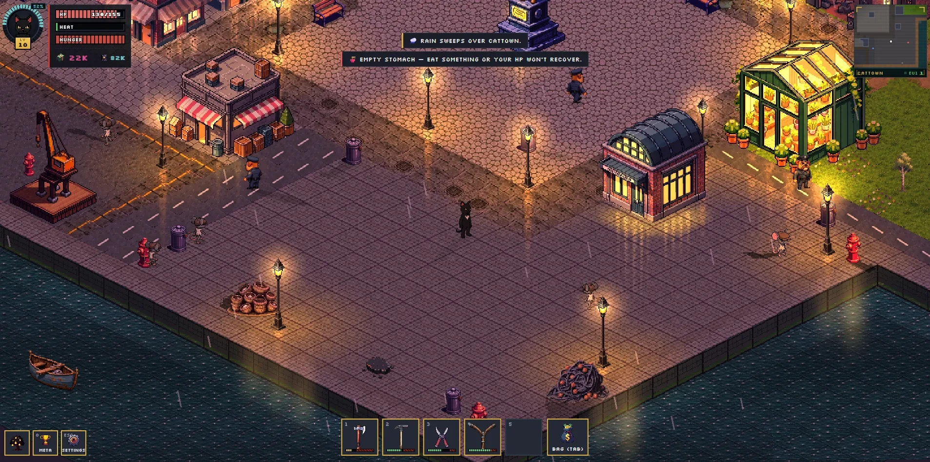 In game: Cattown's docks at night, the player's cat among lamp posts, shops and the greenhouse